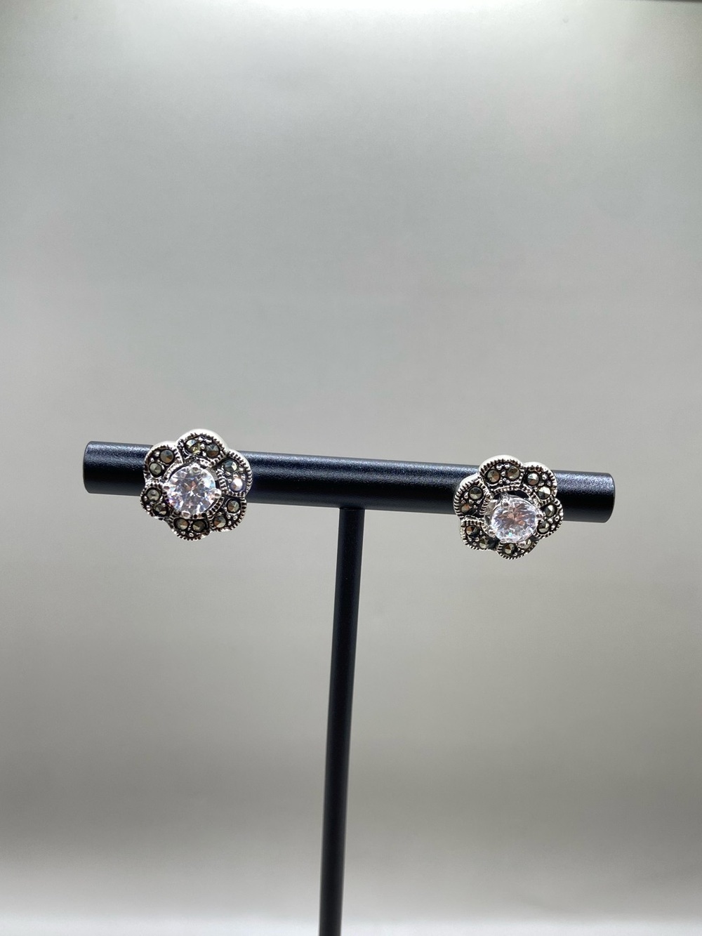 Sterling Silver Cubic Zirconia Marcasite Interchangeable Floral Earrings